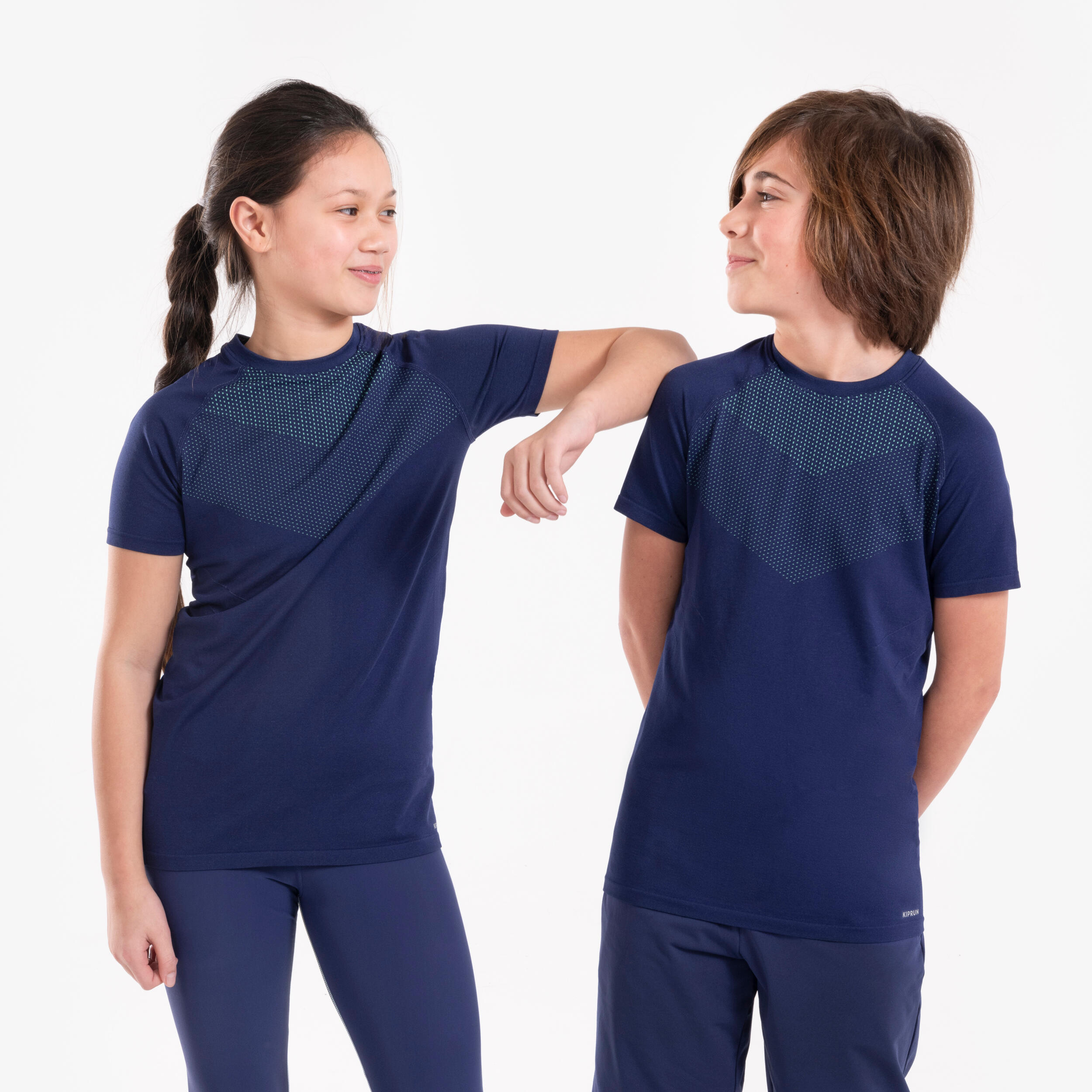 Children's short-sleeved breathable running T-Shirt, SKINCARE 500 navy green