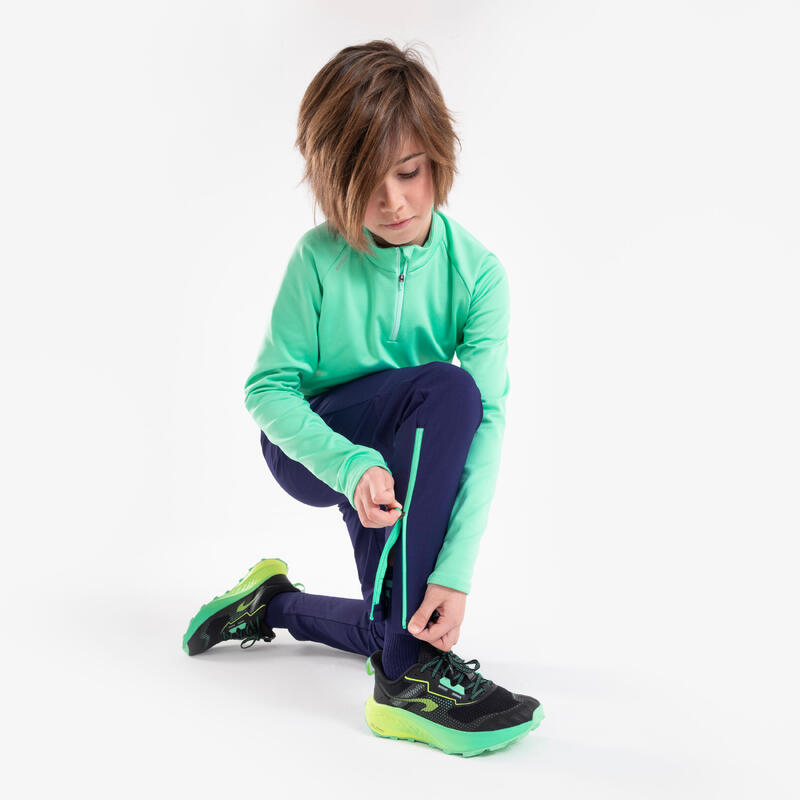 Pantalon de running Chaud avec Zip Enfant, KIPRUN PANTS WARM 900 marine vert