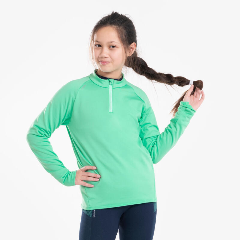 Warm hardloopshirt met lange mouwen en halve rits kinderen Warm 100 groen