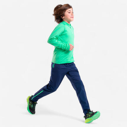 Pantalon de running chaud avec zip enfant, kiprun pants warm 900 bleu vert