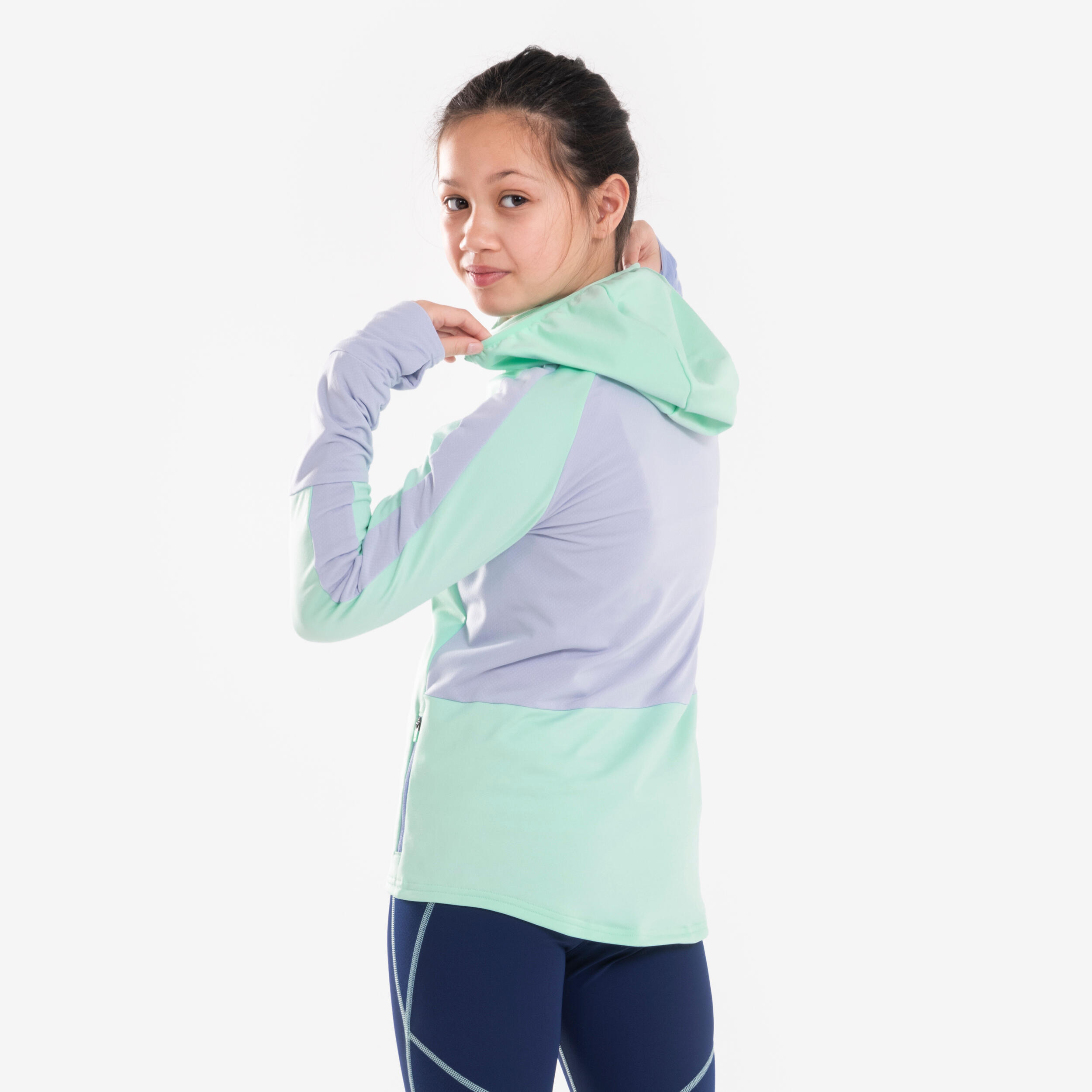 KIPRUN Maglietta calda a maniche lunghe con zip per bambina, WARM+ 900 verde-grigio