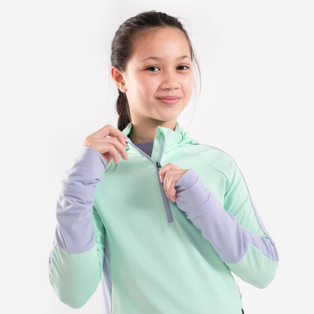 Sivo-zelena dekliška majica z dolgimi rokavi KIPRUN WARM+ 900 