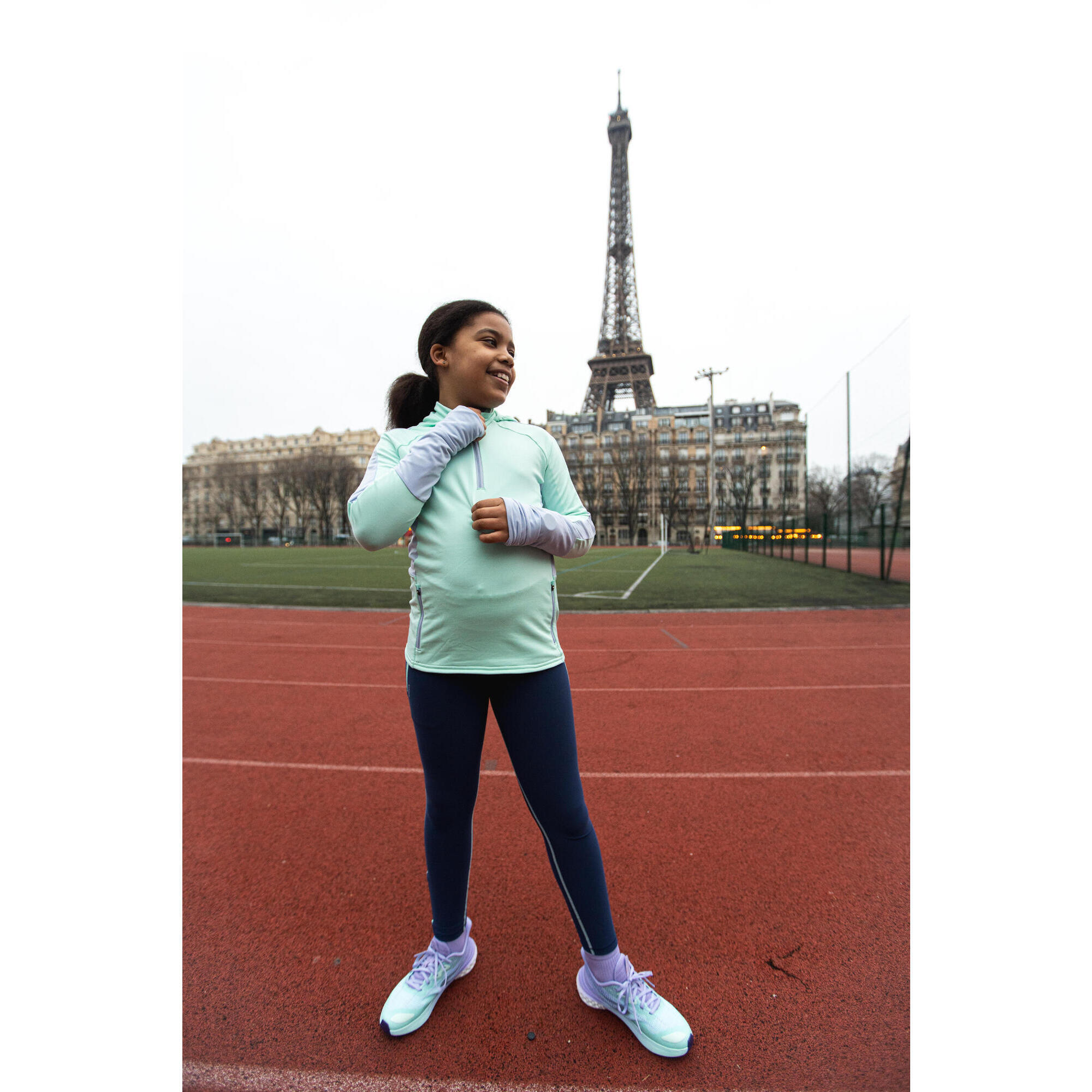 Warm long-sleeved t-shirt with zip for girls, KIPRUN WARM+ 900 green-grey