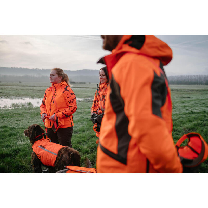 VESTE CHASSE SUPERTRACK FEMME RESISTANTE IMPERMEABLE ORANGE FLUO 500