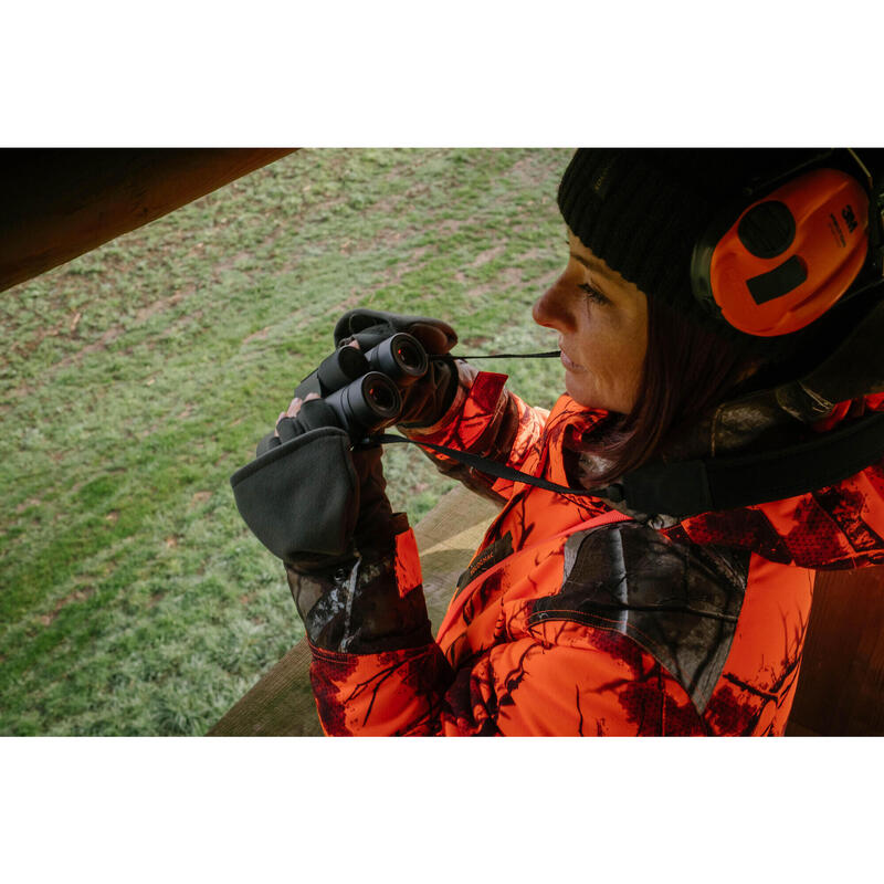 Veste chasse femme 3 en 1 chaude imperméable silencieuse camouflage fluo 500
