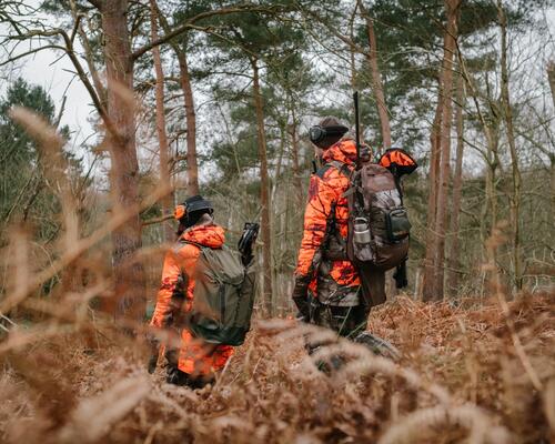 Deux chasseurs partant se poster avec leur matériel sur le dos
