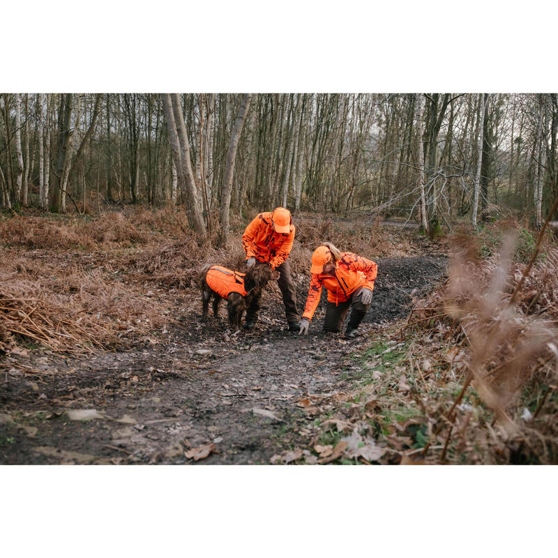 VESTE CHASSE SUPERTRACK FEMME RESISTANTE IMPERMEABLE ORANGE FLUO 500