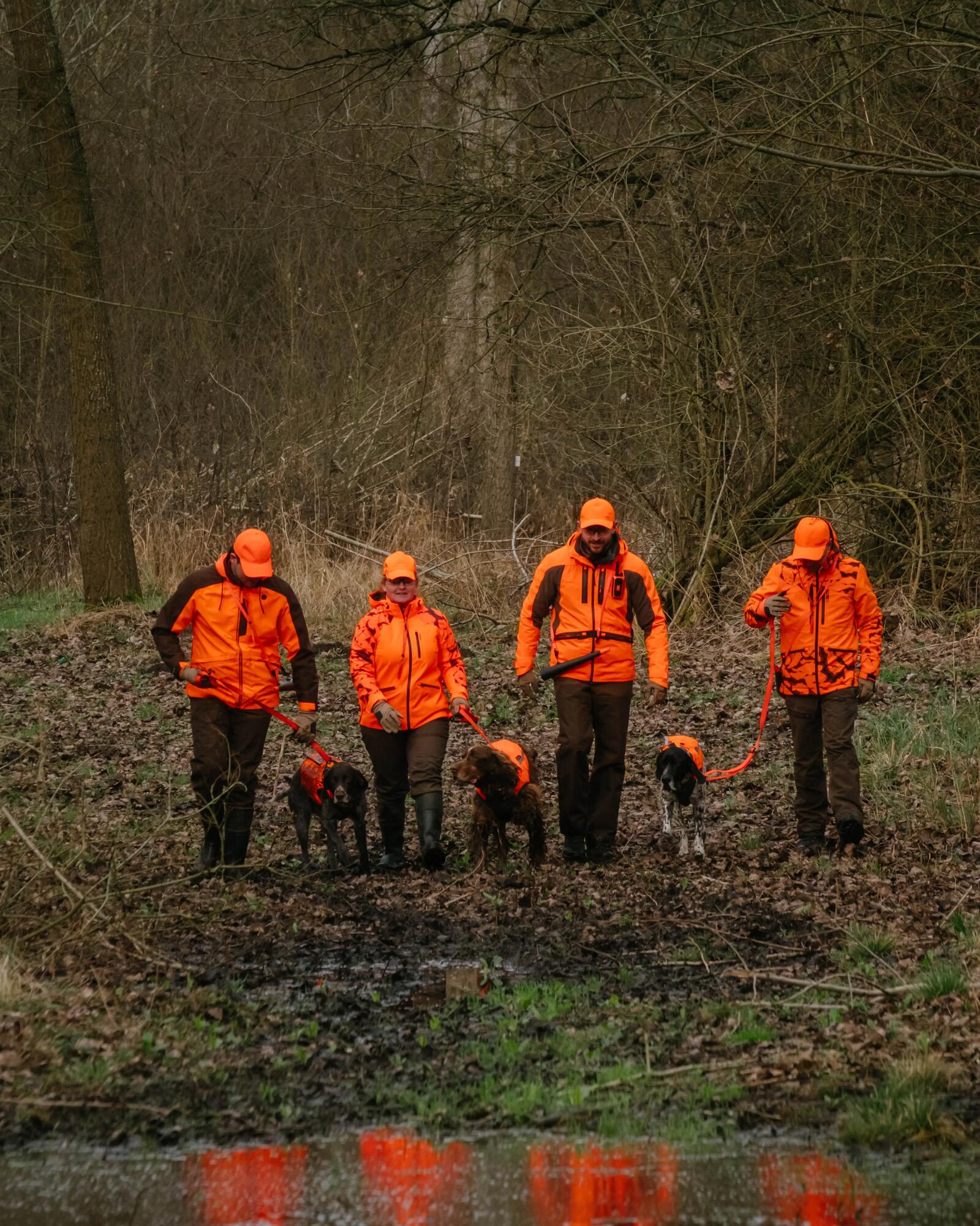 4 personen in signalbekleidung laufen auf einer Jagd im wald
