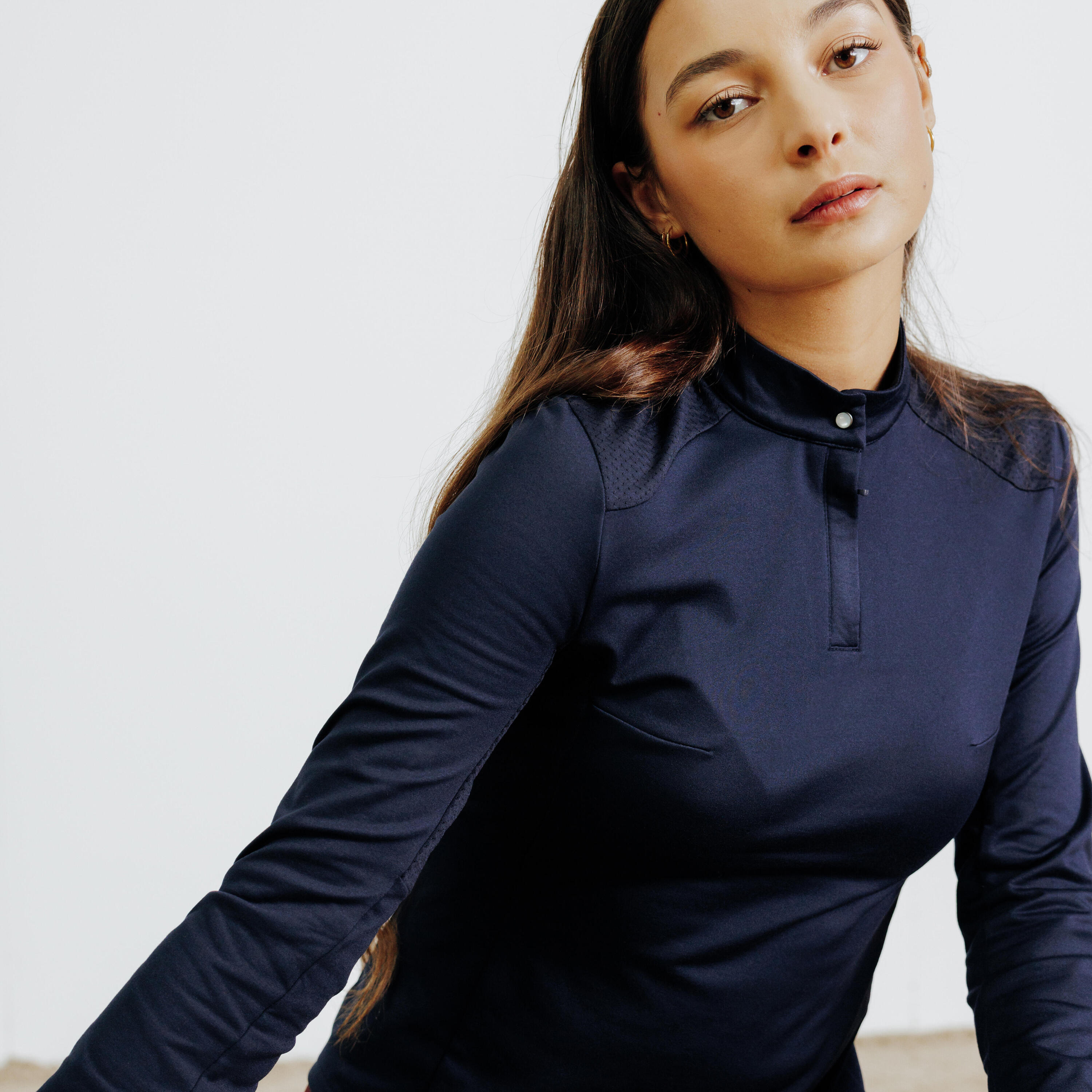 Warme poloshirt voor paardrijden dames 500 lange mouwen blauw 3/5