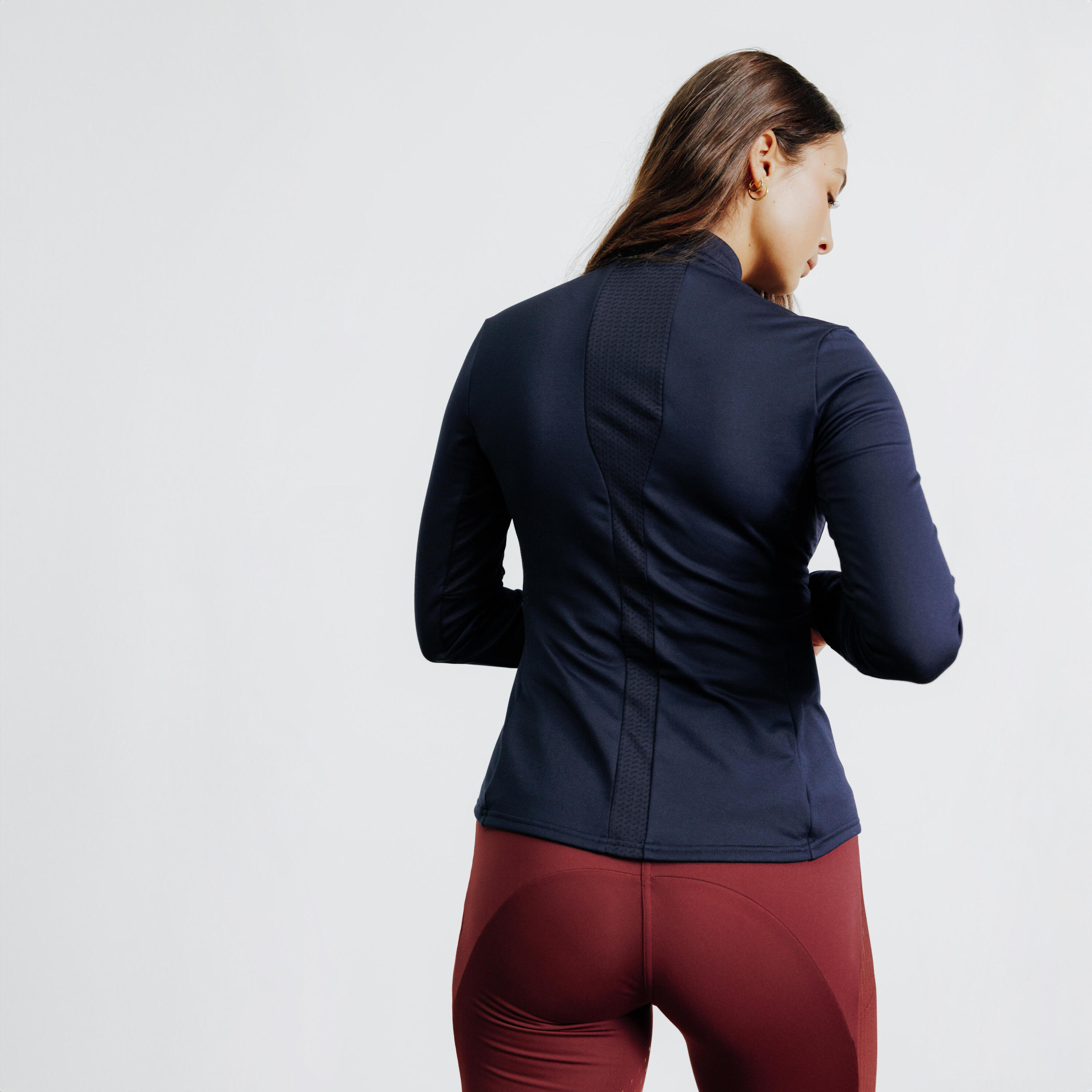 Warme poloshirt voor paardrijden dames 500 lange mouwen blauw 4/5