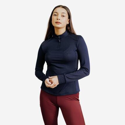 Reit-Poloshirt 500 langarm warm Damen blau