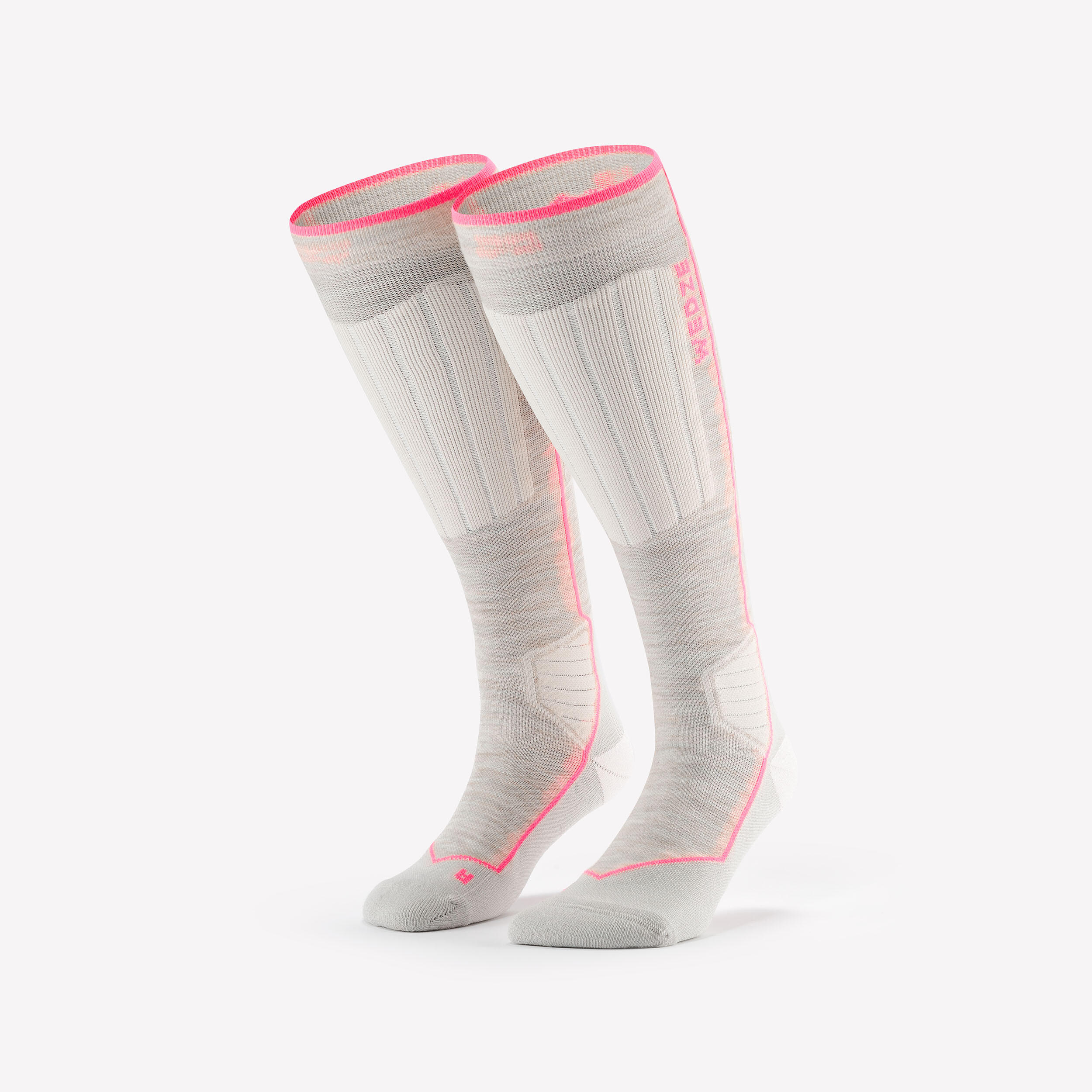 Adult Wool Ski and Snowboard Socks 900 Wool-Beige/Neon Pink 2/7