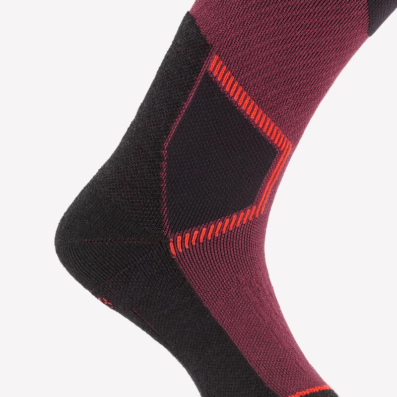 Chaussettes de ski en laine Mérinos adulte, 500 bordeau