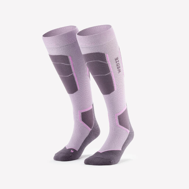 Lilac merino wool winter socks for skiing