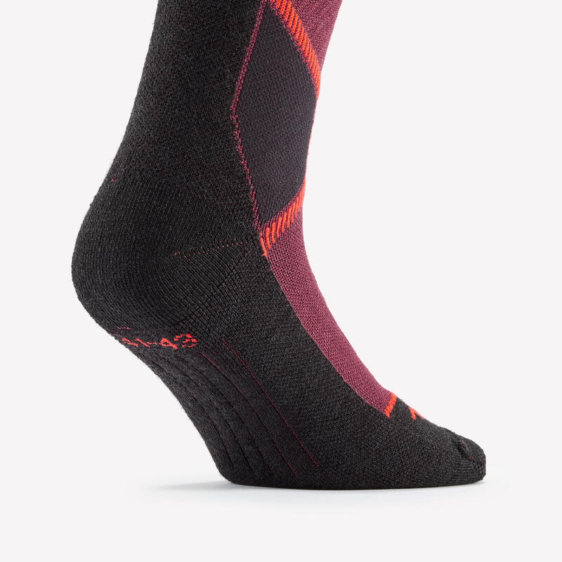 Chaussettes de ski en laine Mérinos adulte, 500 bordeau
