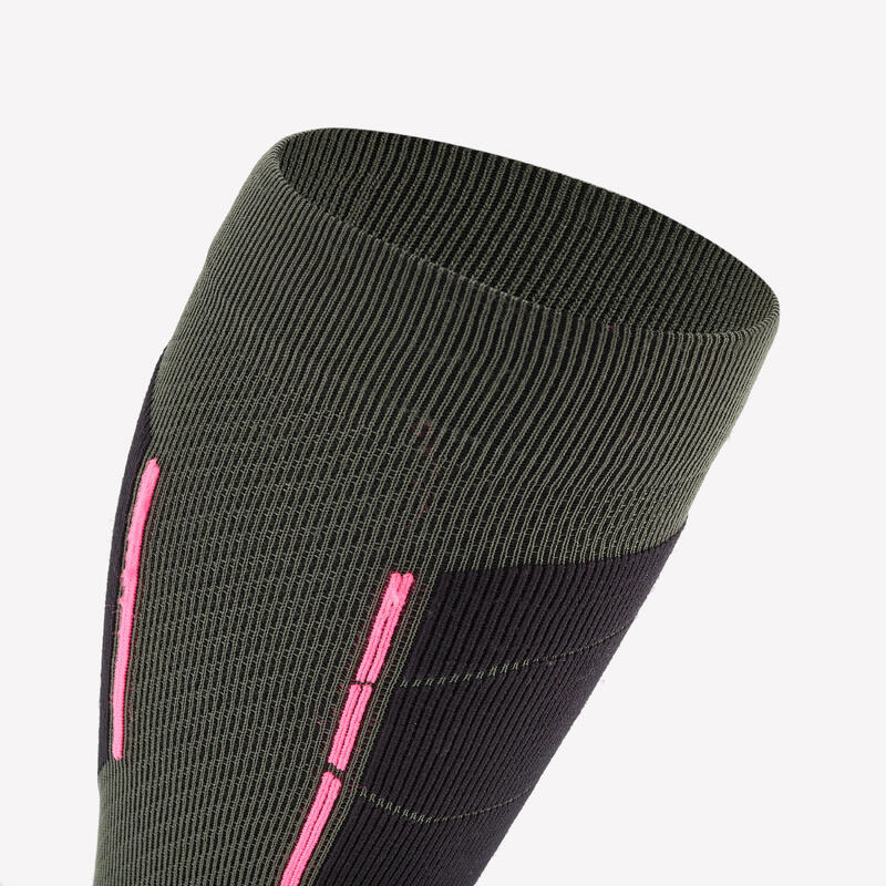 Chaussettes de ski en laine mérinos adulte, 500 kaki et rose