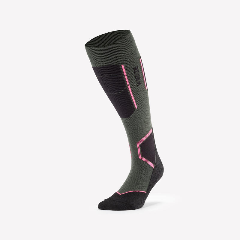 Chaussettes de ski en laine mérinos adulte, 500 kaki et rose