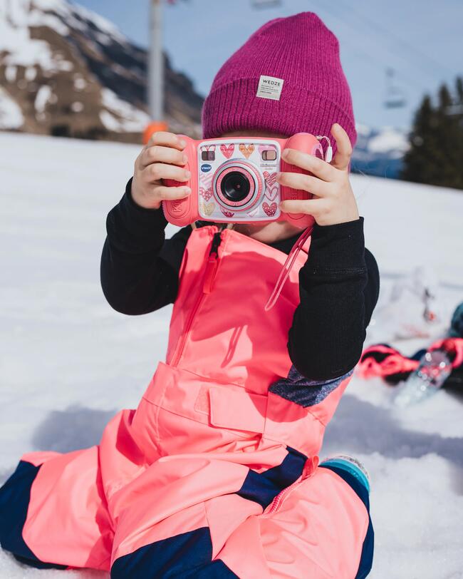 KIDS’ WARM AND WATERPROOF SKI DUNGAREES - 500 PNF - NEON PINK AND NAVY