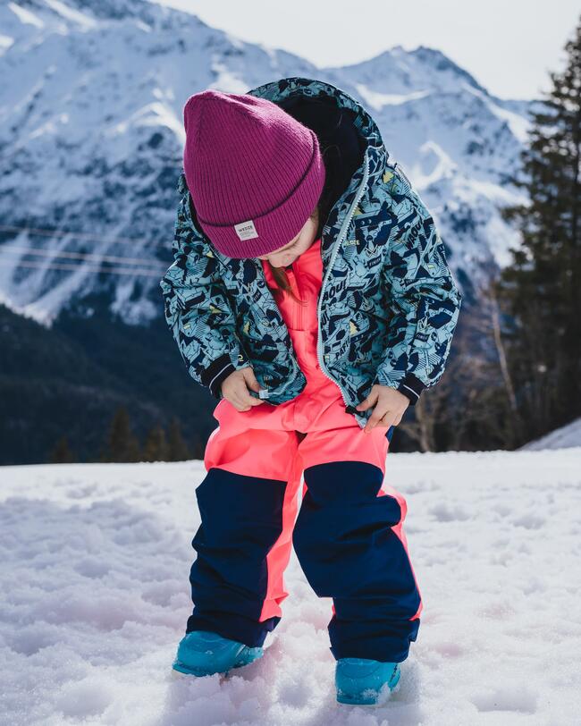PANTALÓN DE PETO DE ESQUÍ CÁLIDO E IMPERMEABLE PARA NIÑOS - 500 PNF - ROSA NEÓN Y AZUL MARINO