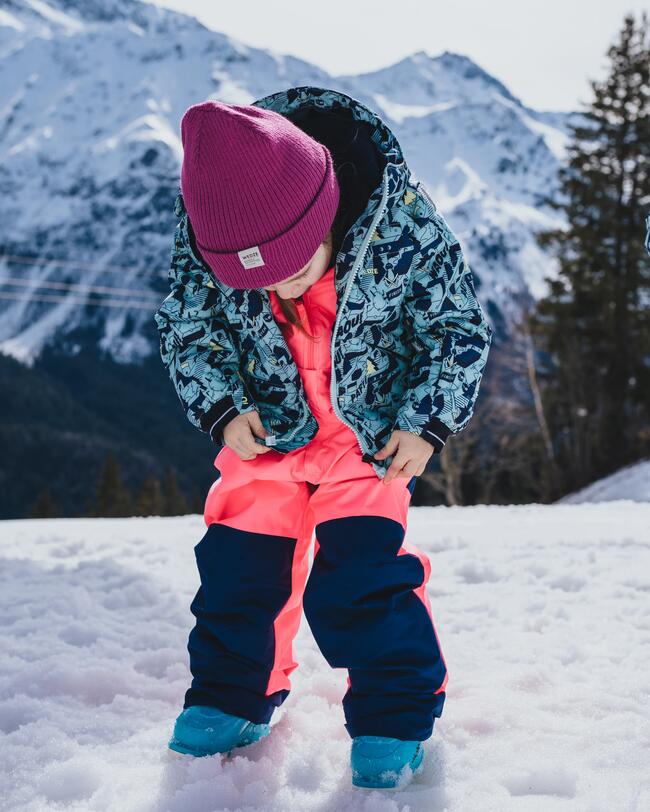 KIDS’ WARM AND WATERPROOF SKI DUNGAREES - 500 PNF - NEON PINK AND NAVY