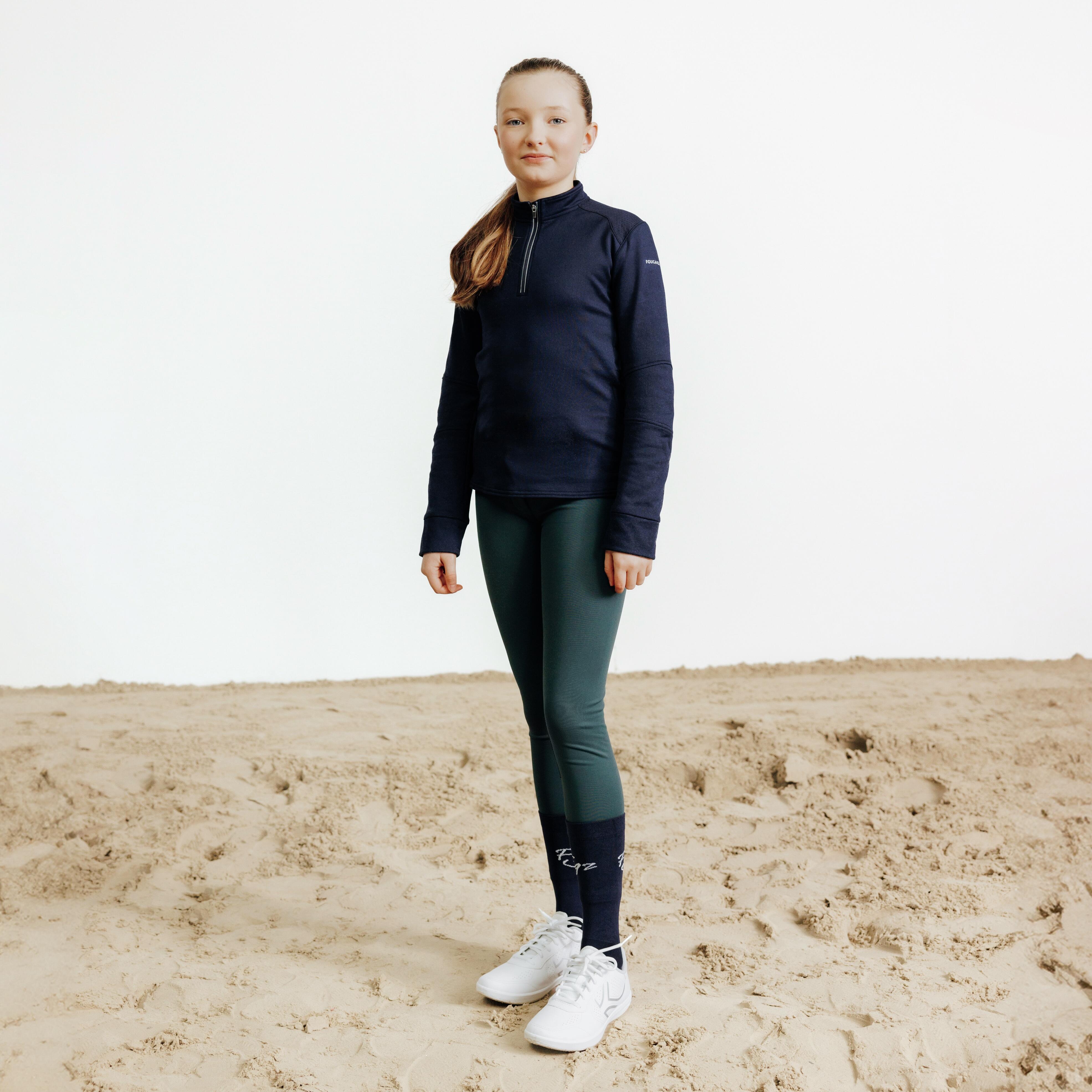 Kids’ Warm Long-Sleeved Horse Riding Polo Shirt - 500 Navy Blue - FOUGANZA