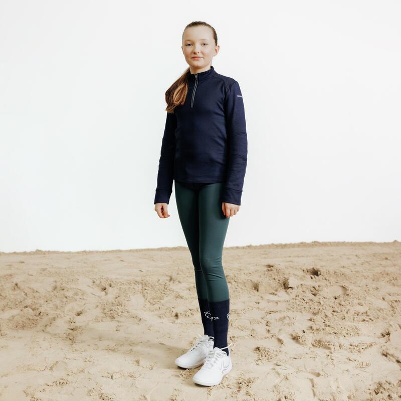 Polo Equitación 500 Niños Azul Marino Cálido Manga Larga