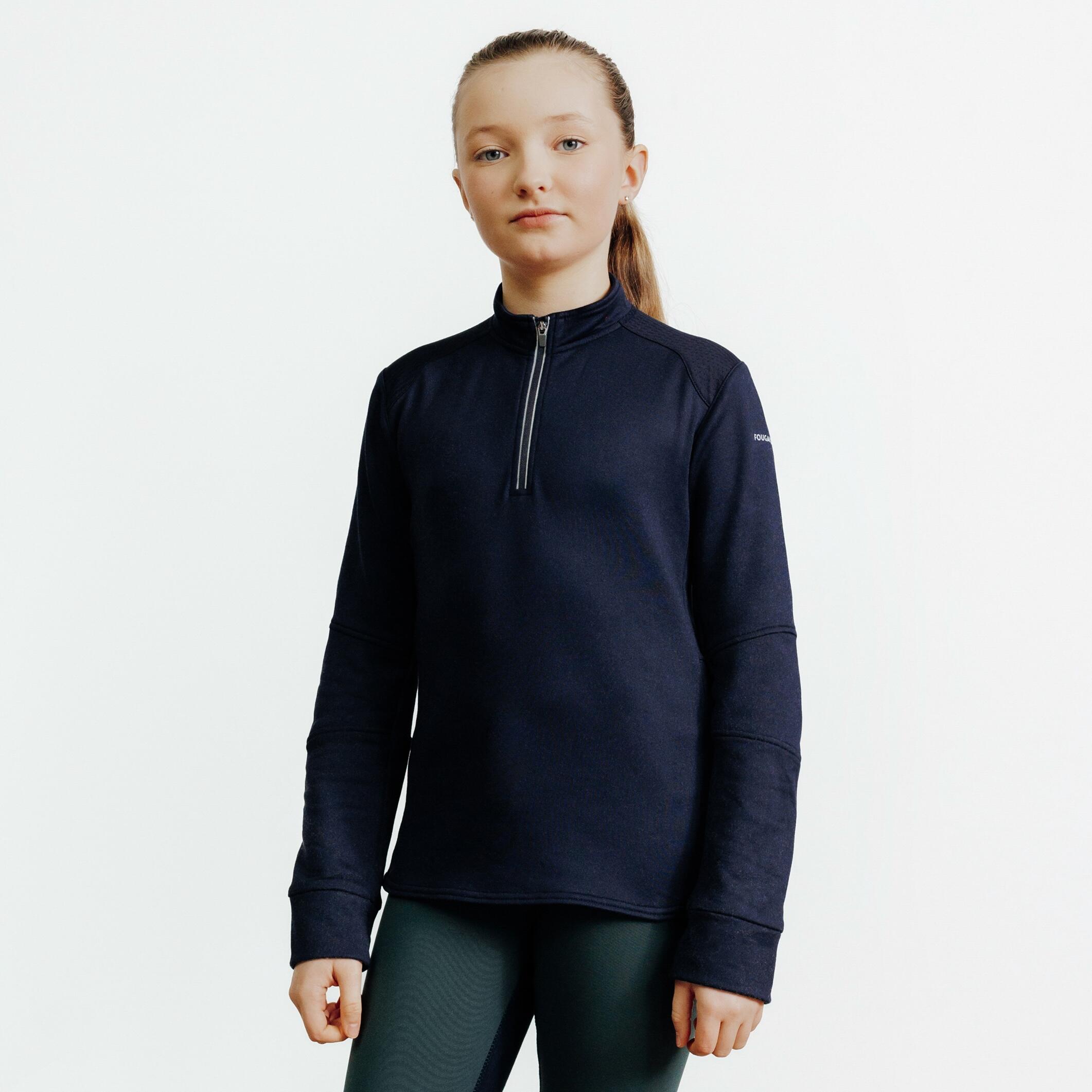 Children's warm long-sleeved riding polo - 500 navy