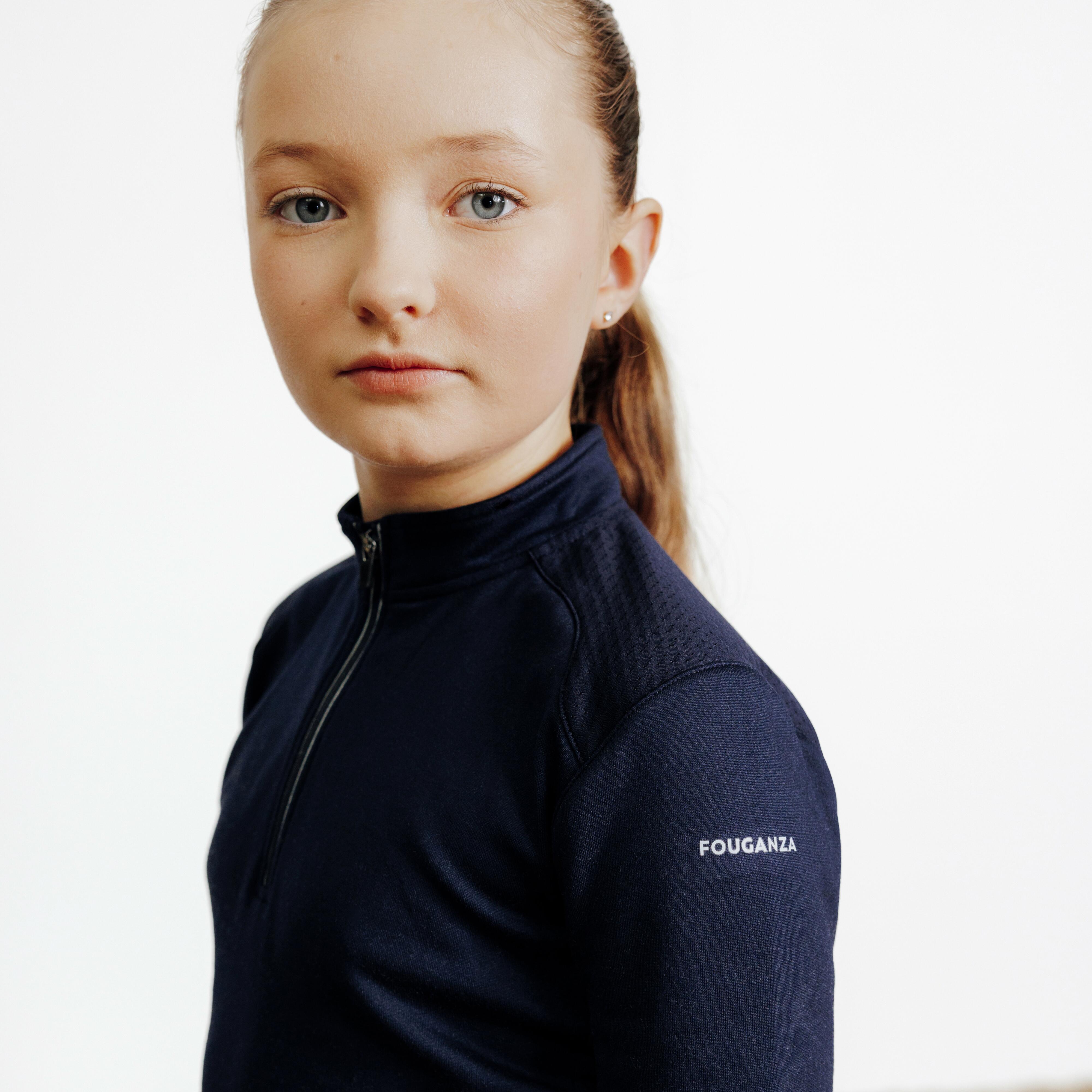 Kids’ Warm Long-Sleeved Horse Riding Polo Shirt - 500 Navy Blue - FOUGANZA