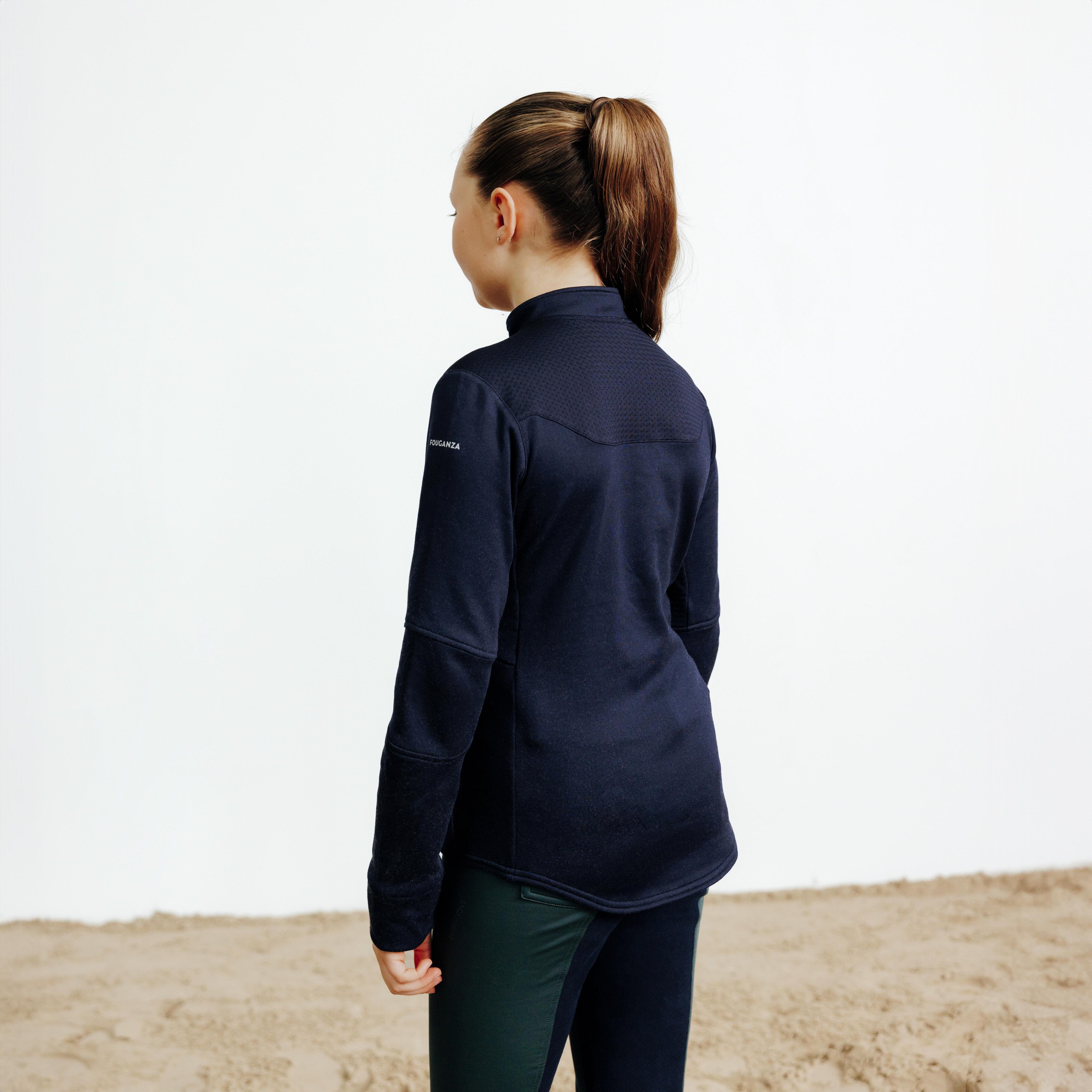 Kids’ Warm Long-Sleeved Horse Riding Polo Shirt - 500 Navy Blue - FOUGANZA