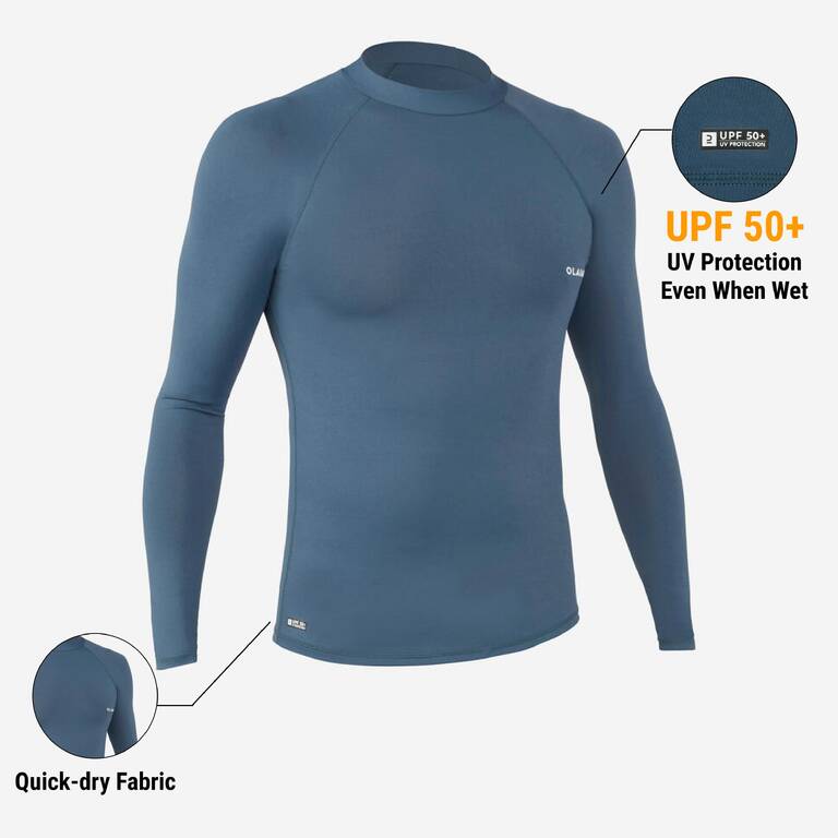 Men Surfing UV Rash Guard 100 Long Sleeved Grey