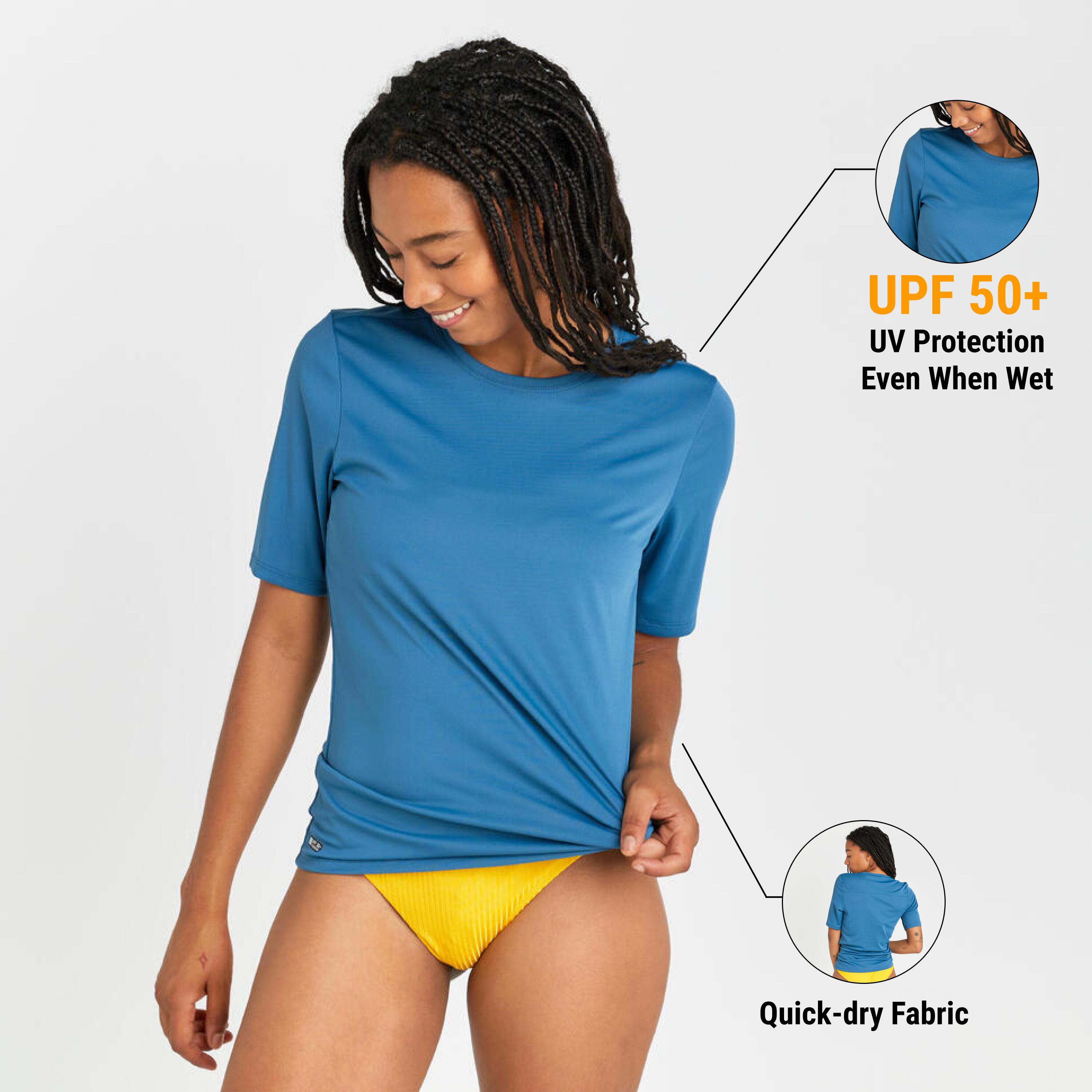 Polera UV mujer manga corta surf azul claro 11/13
