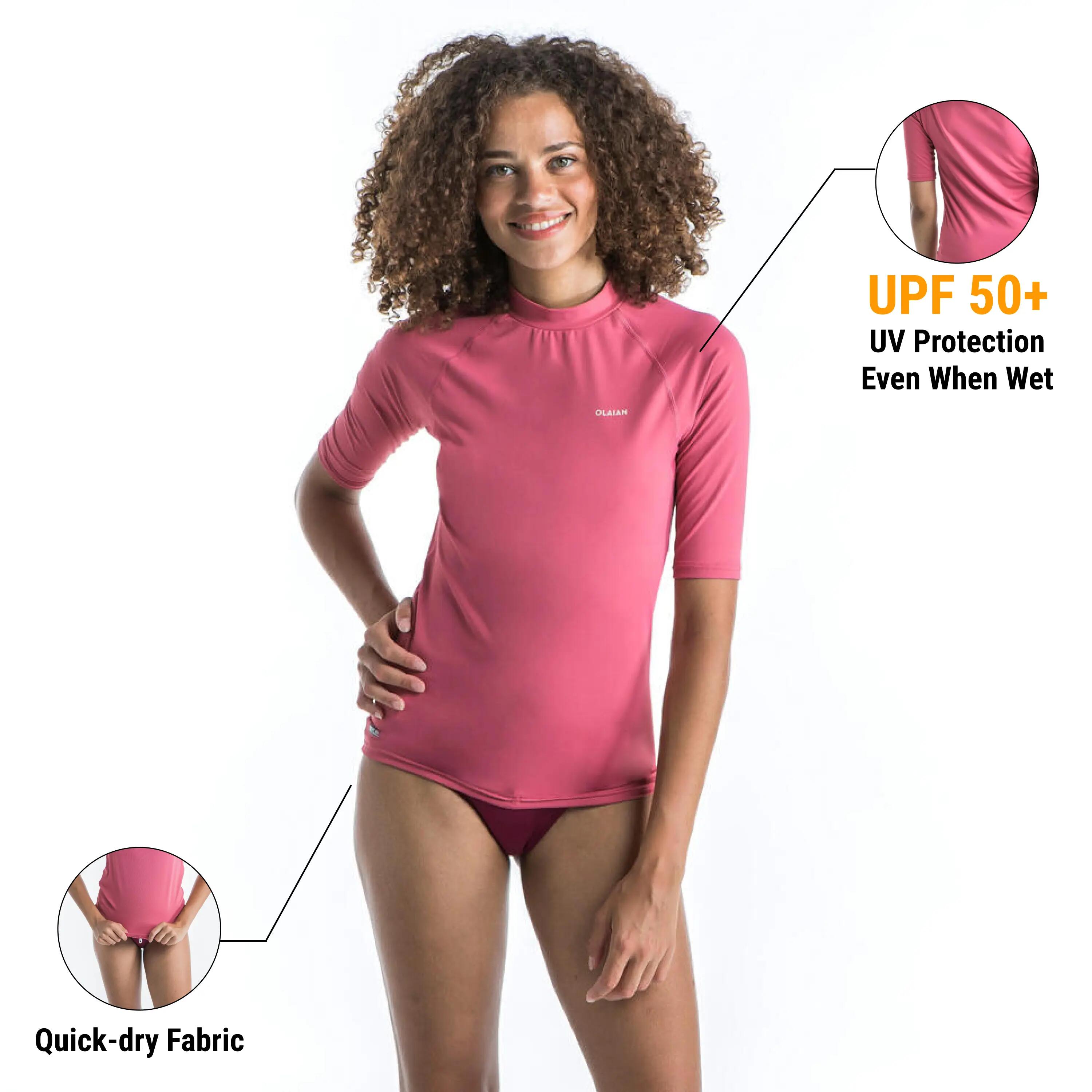 Women's anti-UV short-sleeve surf top T-shirt 100 - dusty pink -  2