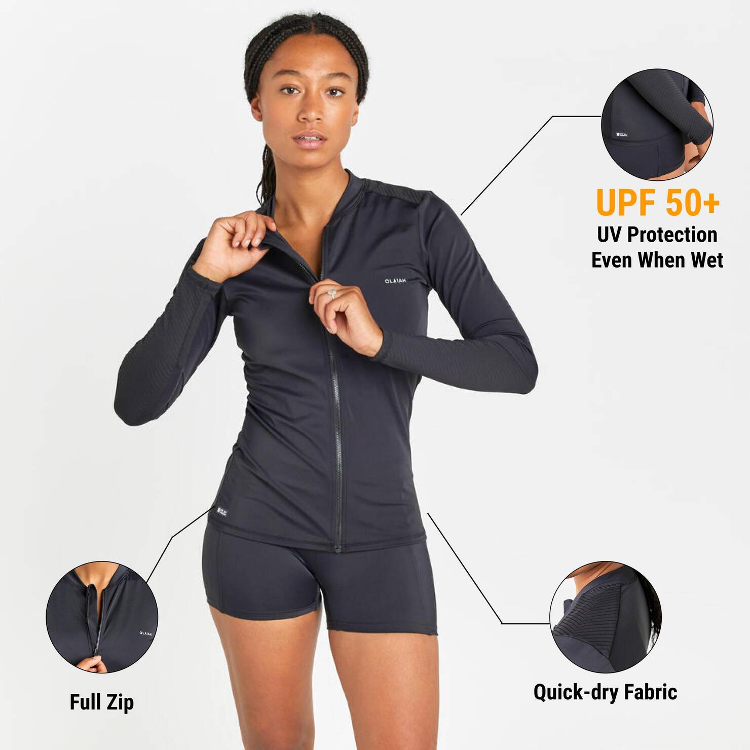 Women Beachwear Full Zip UV Protection UPF50+ Surfing Rashguard T-shirt Black