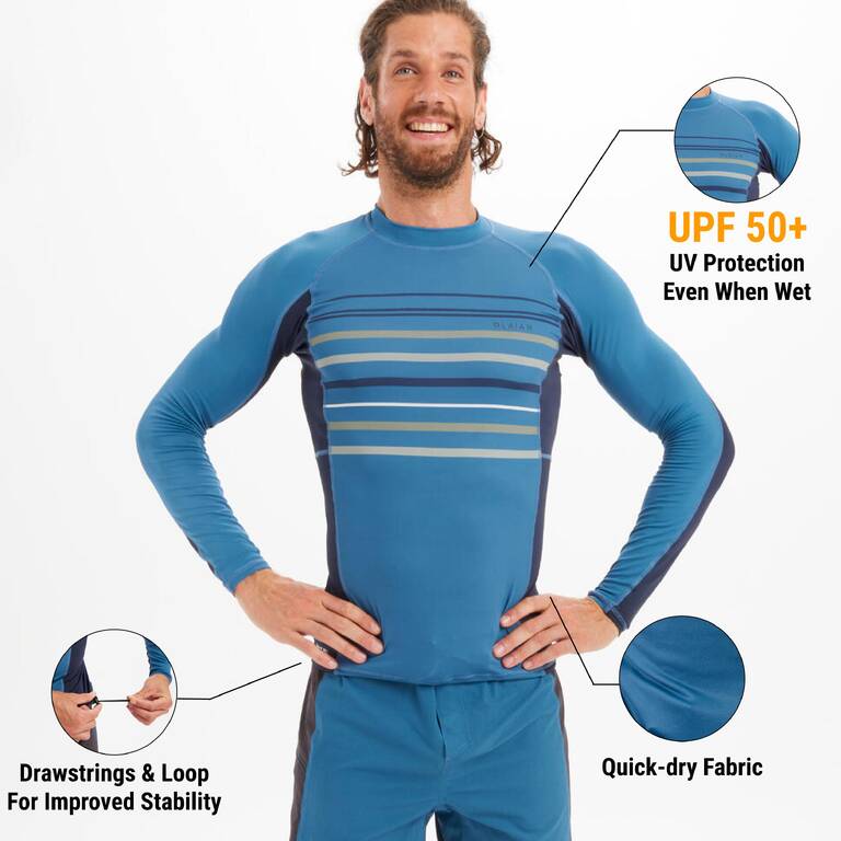 Men's anti-UV T-shirt long-sleeved - 500 stripy blue
