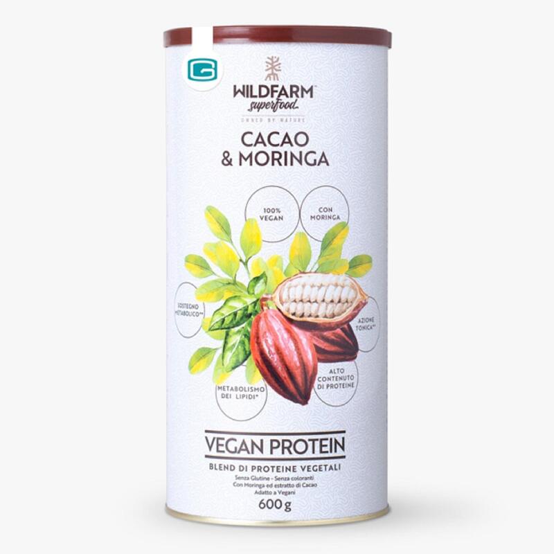 Proteine Vegane a base di pisaello, riso e cacao, WildFarm gusto cacao e moringa