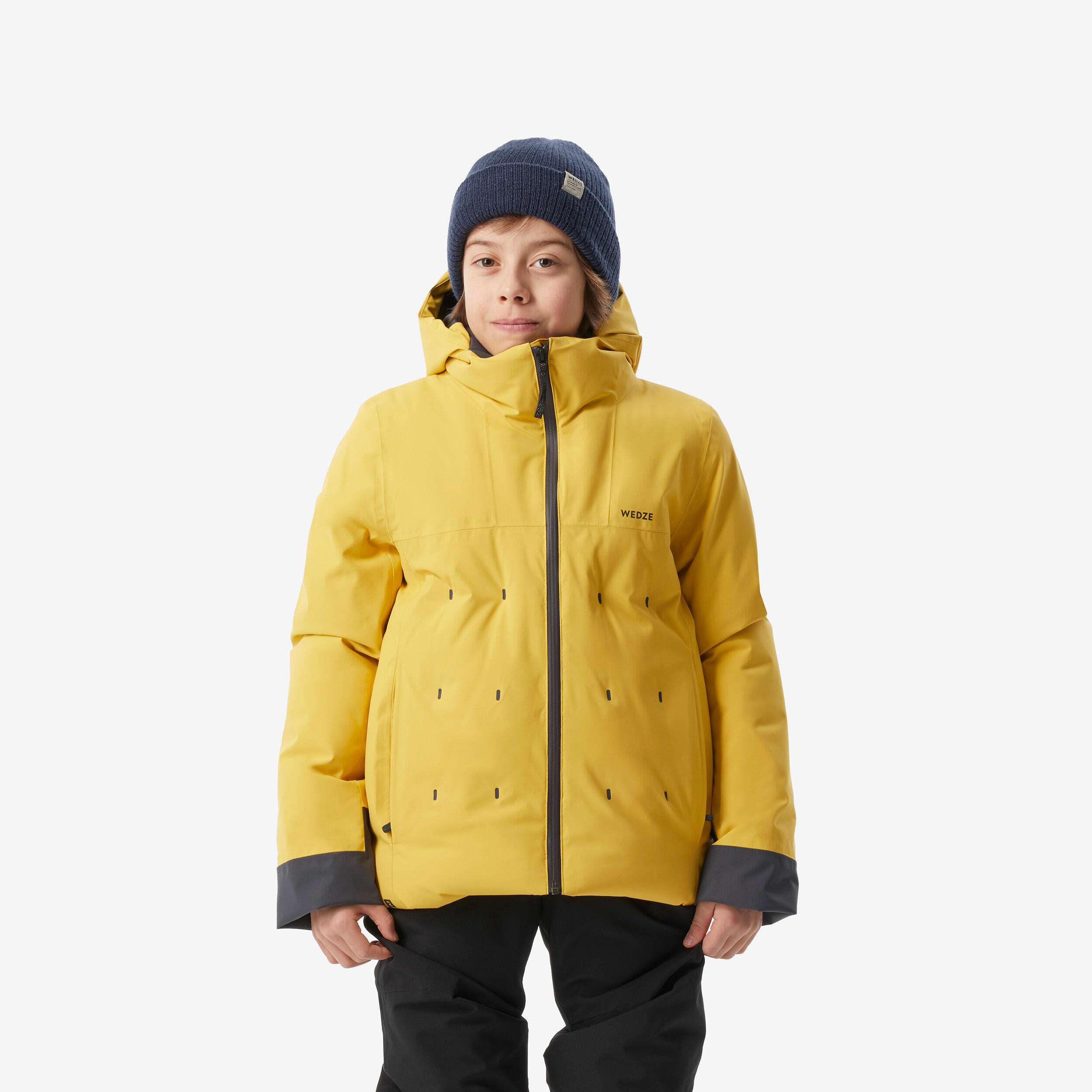 Casaco acolchoado de ski rapaz quente e impermeável 500 warm - amarelo