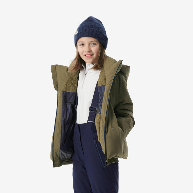 Doudoune de ski chaude et imperméable fille, 500 warm kaki