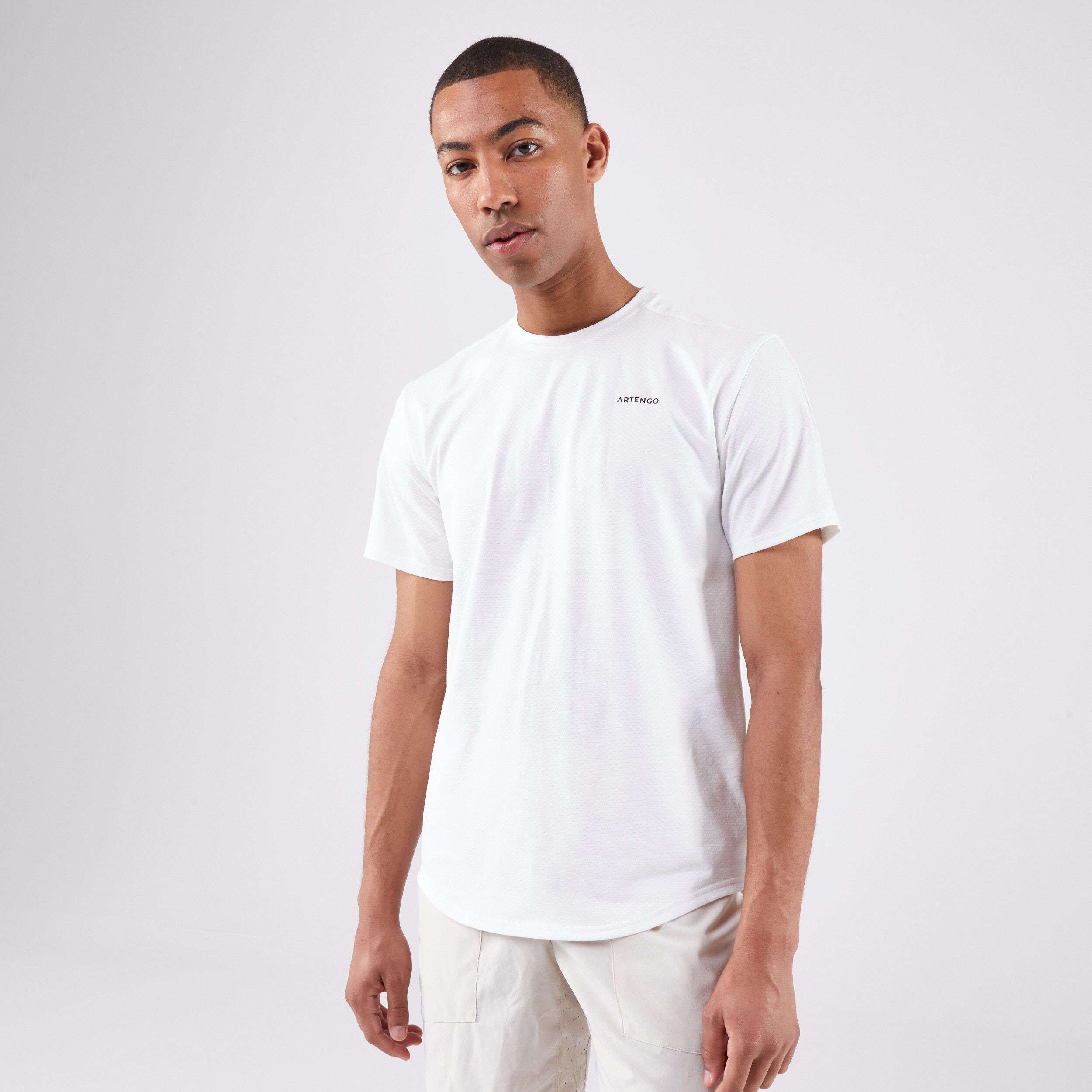 ARTENGO Tennisshirt met korte mouwen voor heren DRY Matter of Lines greige