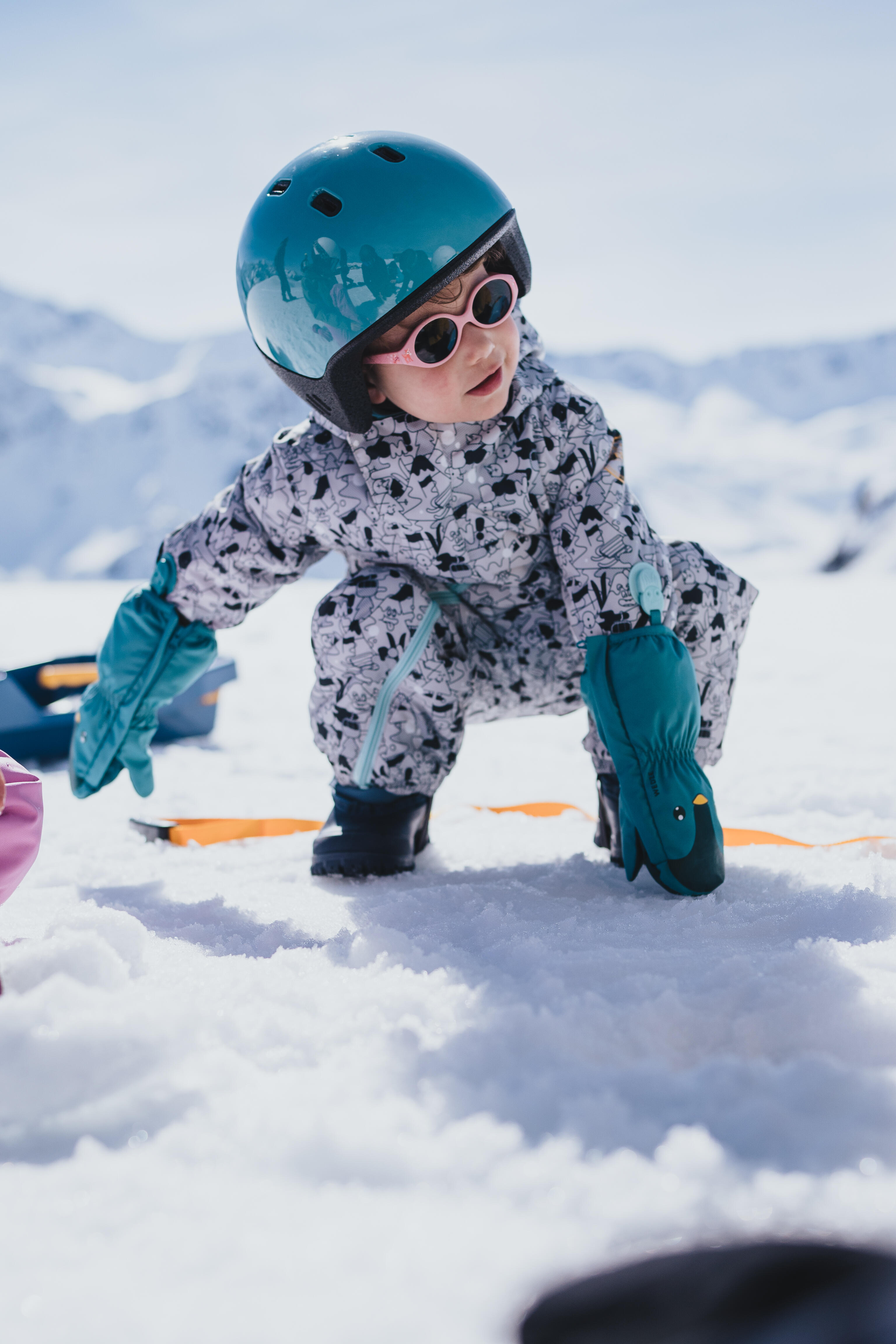 Mitaines de ski chaudes et impermeables bebe 500 Lugiklip Bleu Cendr Vert Canard Wedze Decathlon