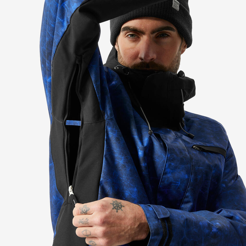 Men's long and warm ski and snowboard jacket, 500  blue pattern