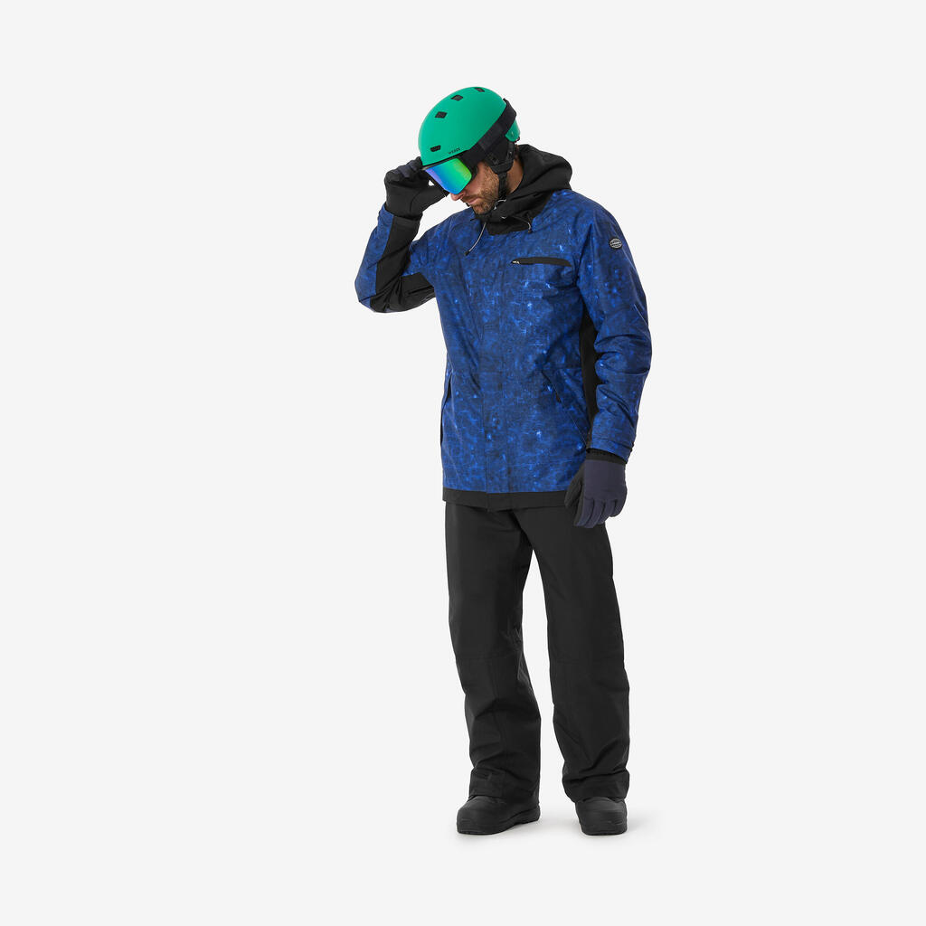 Men's long and warm ski and snowboard jacket, 500  blue pattern