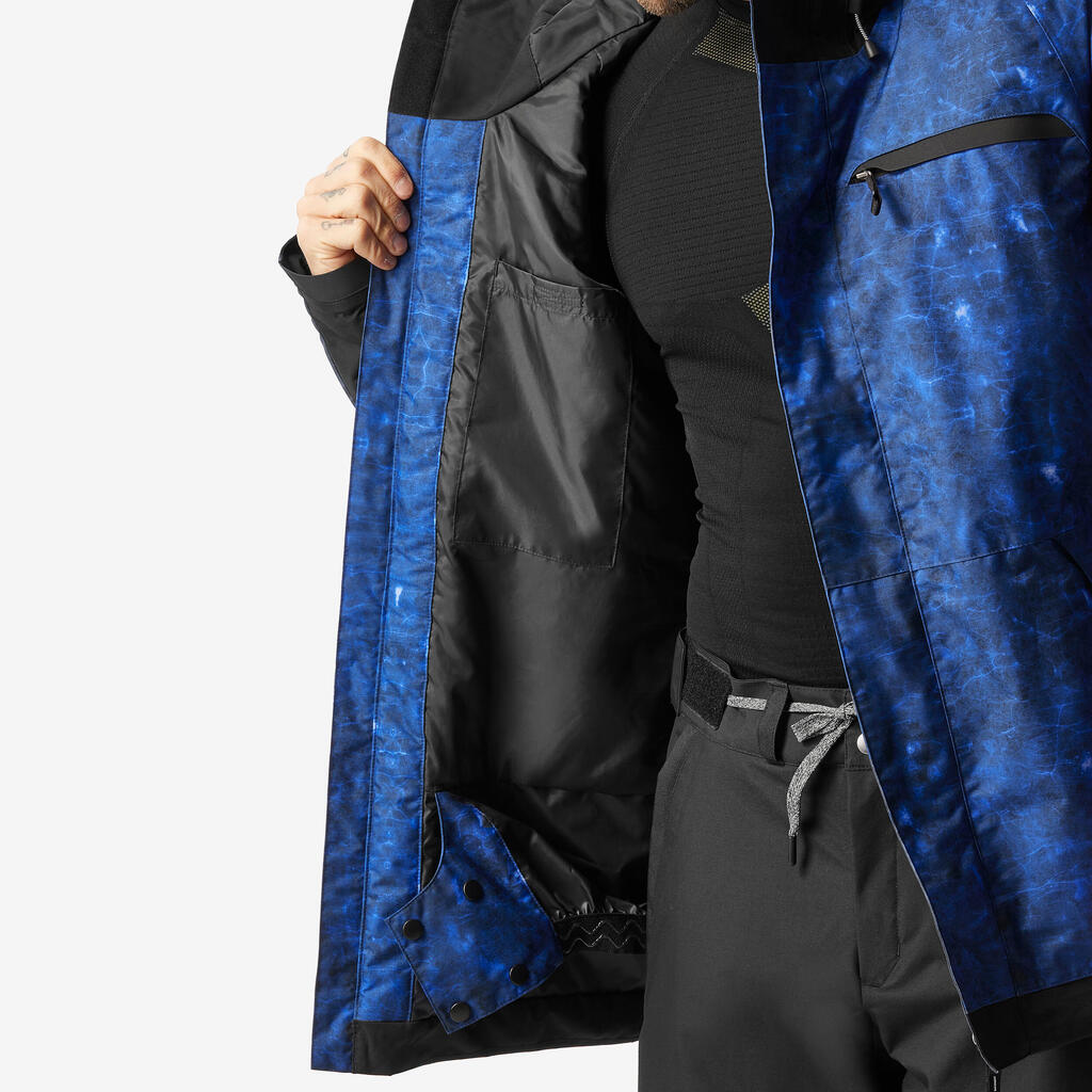 Men's long and warm ski and snowboard jacket, 500  blue pattern