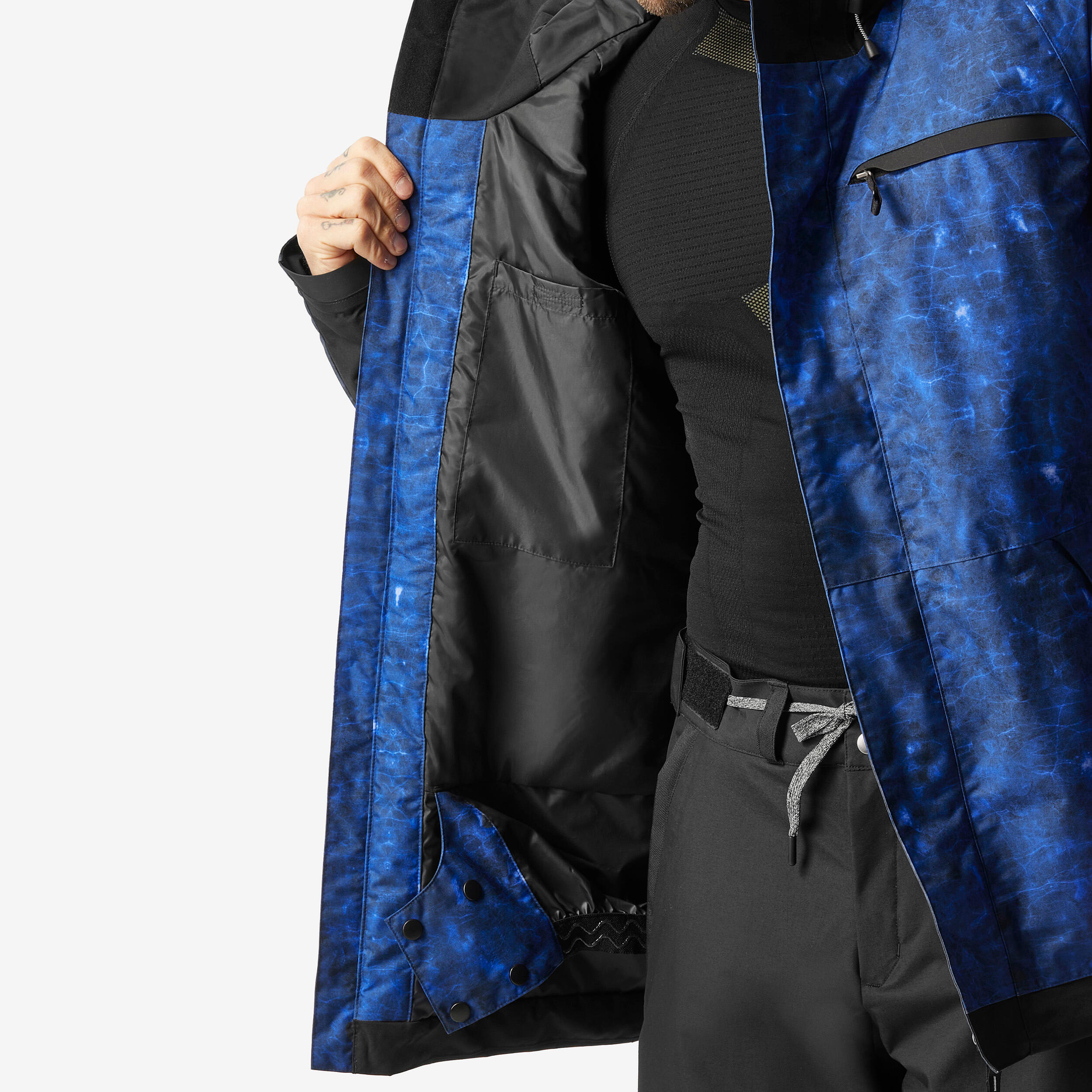 Men's long and warm ski and snowboard jacket, 500  blue pattern 6/7