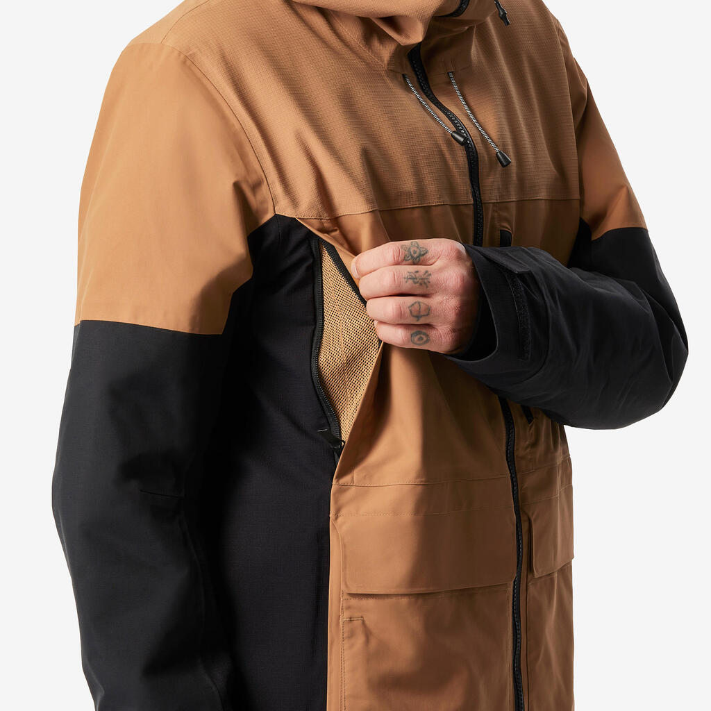 Men's Warm and Durable Snowboard Jacket SNB 500 ziprotect -Camel and Black