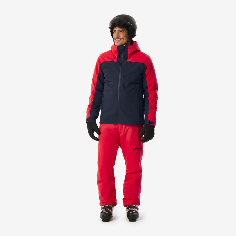 Veste de ski chaude et imperméable homme, 500 bleu marine et rouge