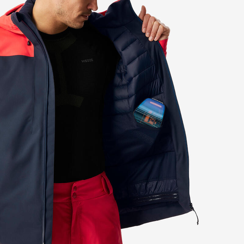 Veste de ski chaude et imperméable homme, 500 bleu marine et rouge