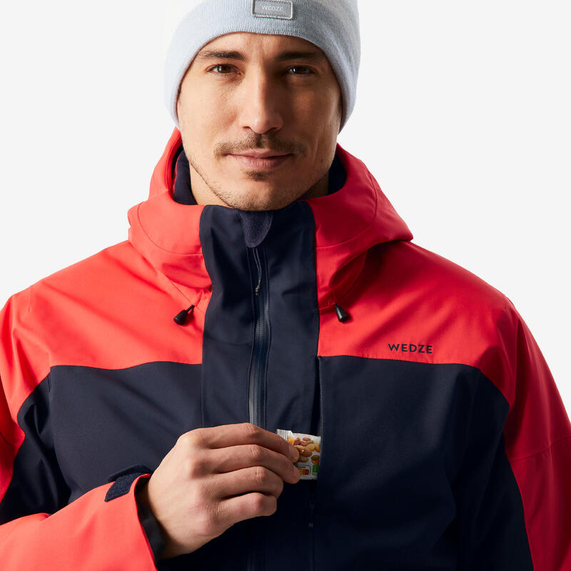 Veste de ski chaude et imperméable homme, 500 bleu marine et rouge