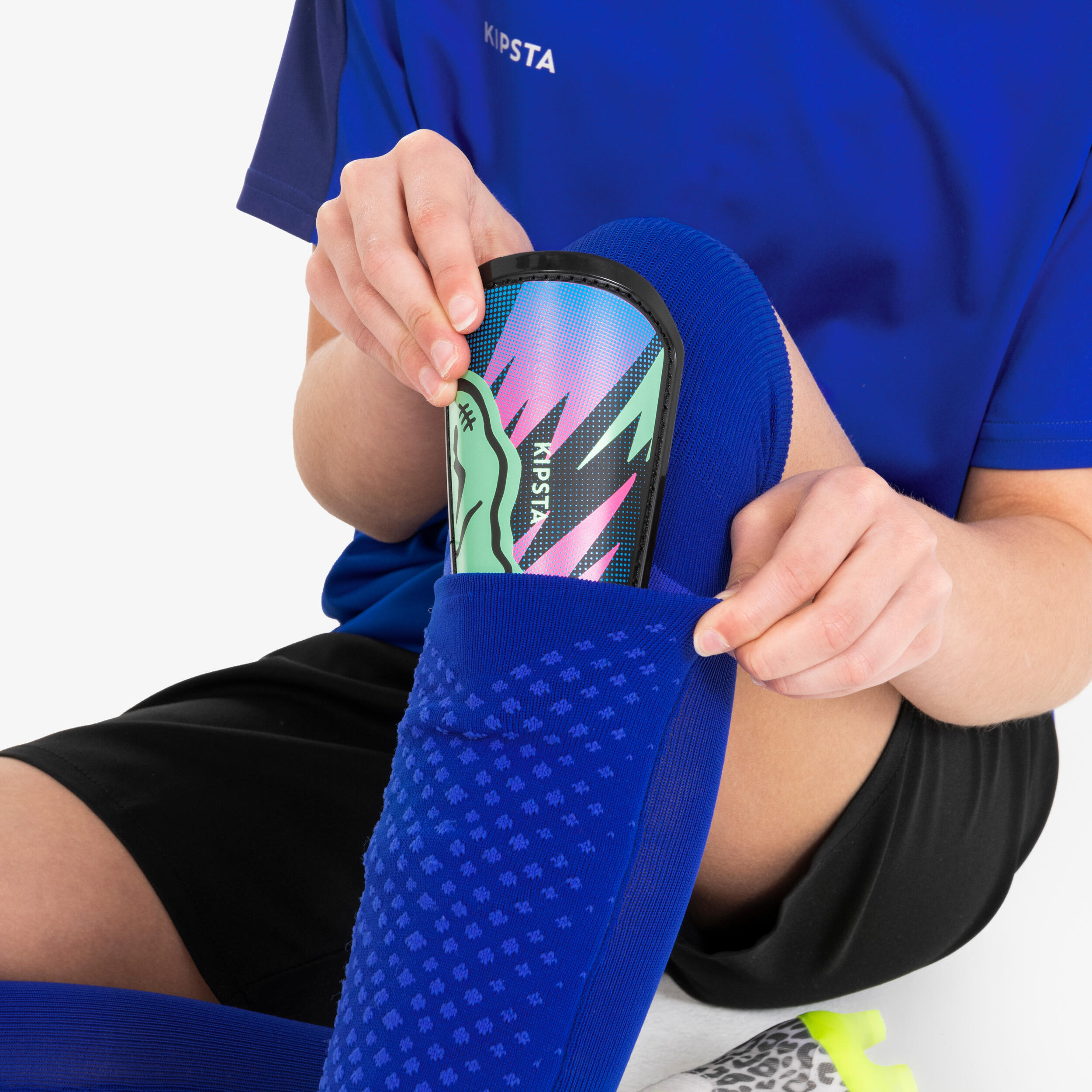 GROOFOO 2 Paar Schienbeinschoner Kinder - Schwarz & Blau, Elastische Kompressionssocken