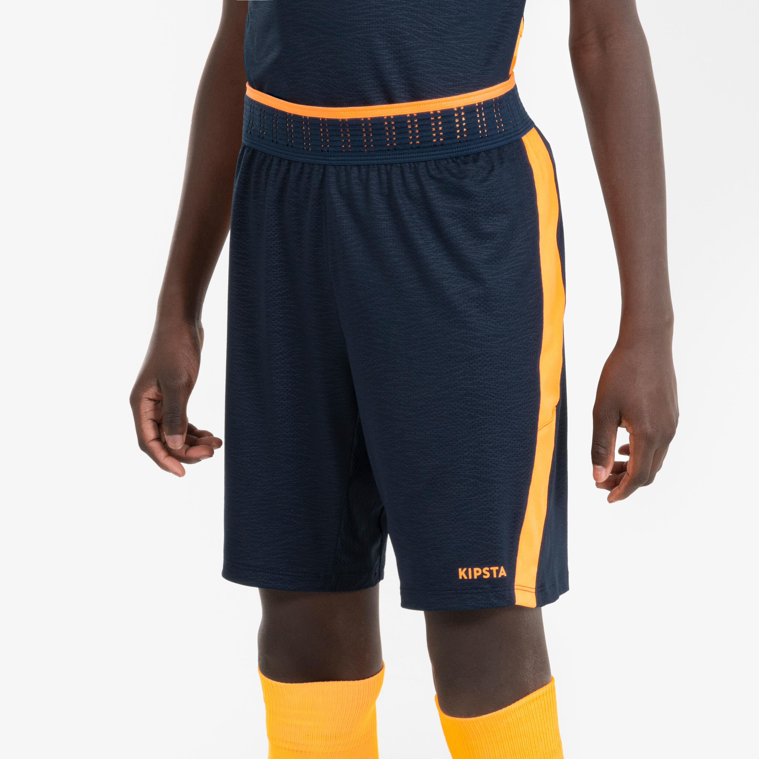 KIPSTA Voetbalbroekje kind CLR donkerblauw/oranje