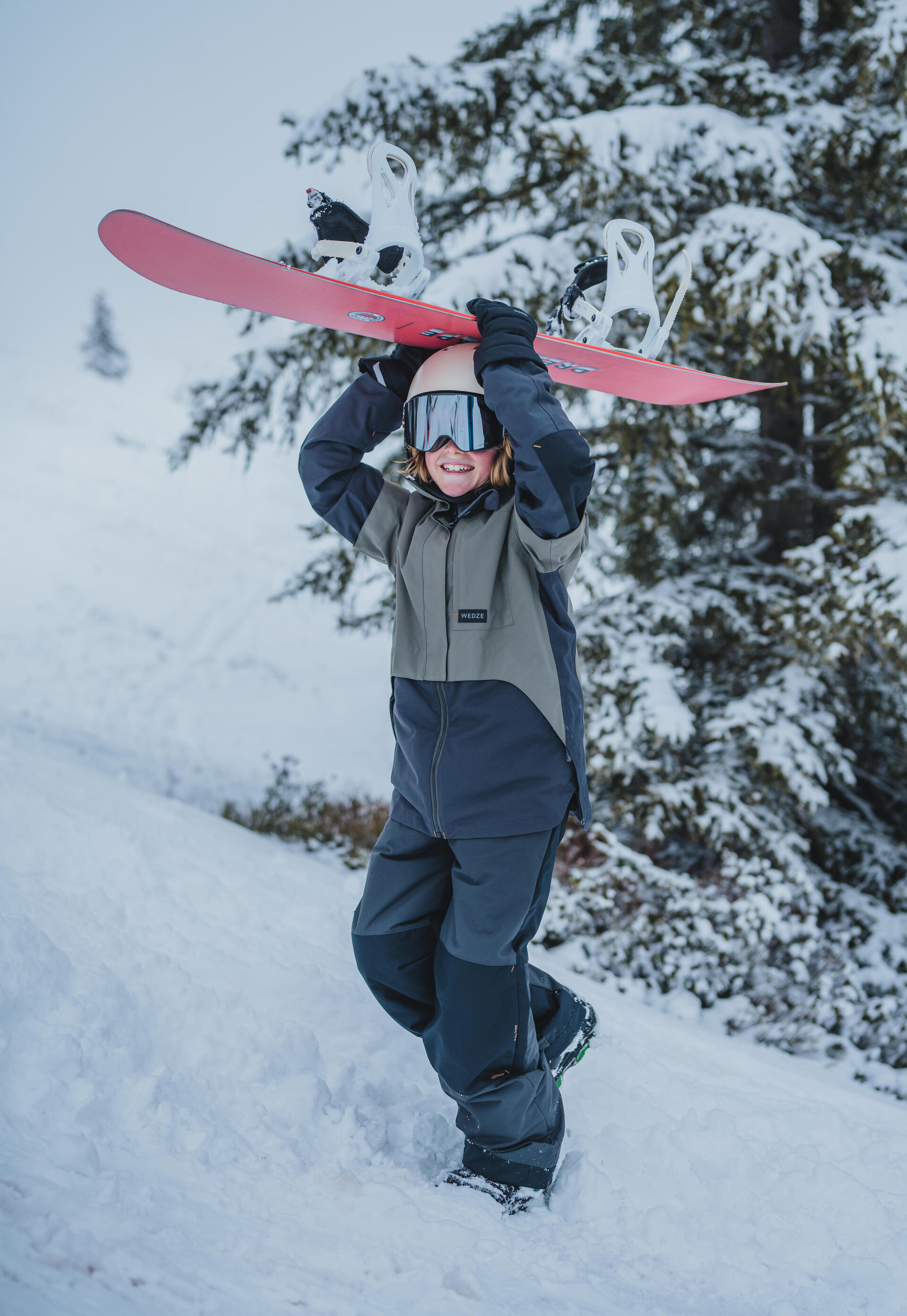 BOYS' HIGH RESISTANCE LONG SNOWBOARD JACKET SNB 500 KHAKI